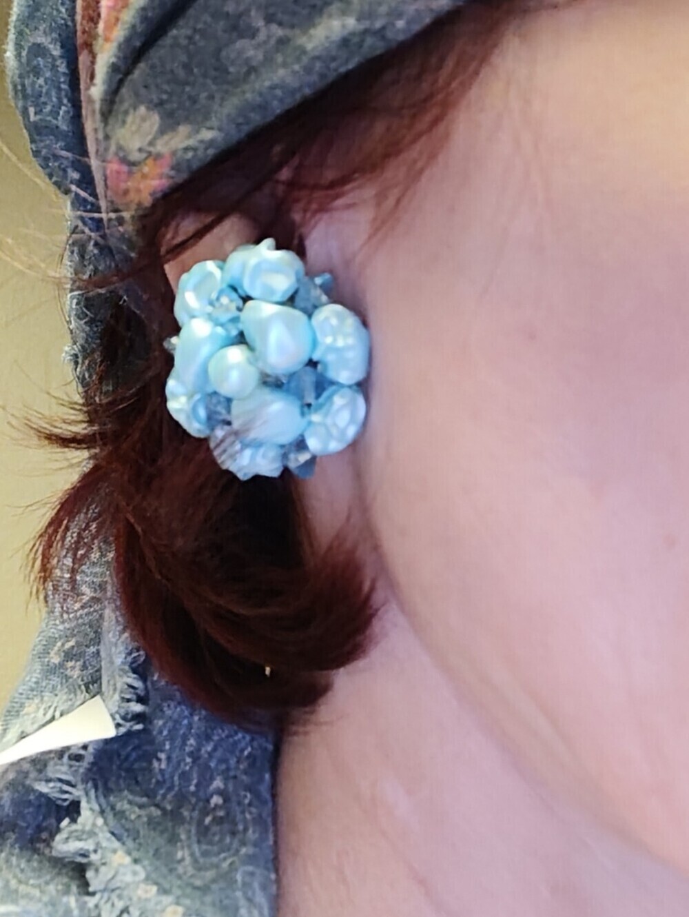 Blue Cluster Bead Vintage Clip-On Earrings Circa 1950's